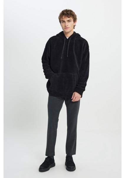 Erkek Siyah Oversize Bol Kesim Kapüşonlu Sherpa Sweatshirt Polar