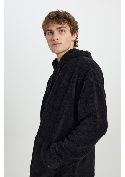 Erkek Siyah Oversize Bol Kesim Kapüşonlu Sherpa Sweatshirt Polar