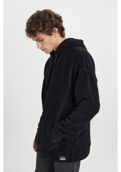 Erkek Siyah Oversize Bol Kesim Kapüşonlu Sherpa Sweatshirt Polar