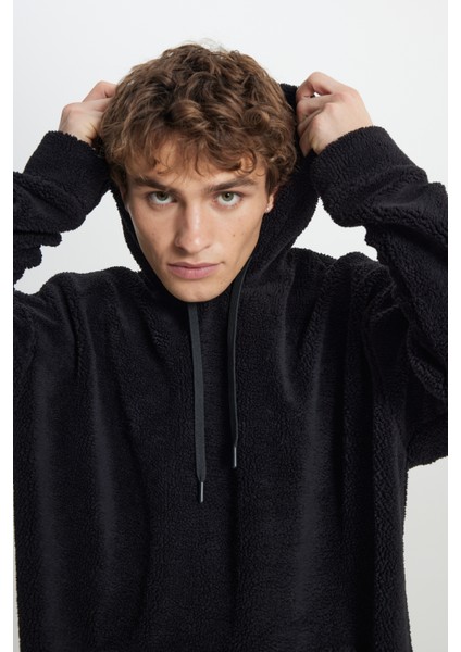 Erkek Siyah Oversize Bol Kesim Kapüşonlu Sherpa Sweatshirt Polar