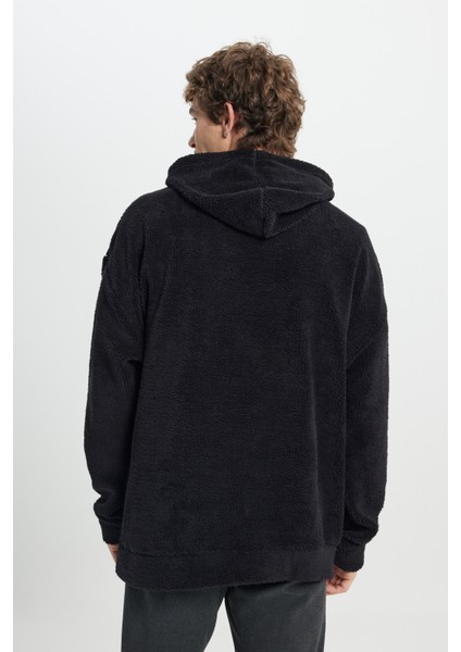 Erkek Siyah Oversize Bol Kesim Kapüşonlu Sherpa Sweatshirt Polar