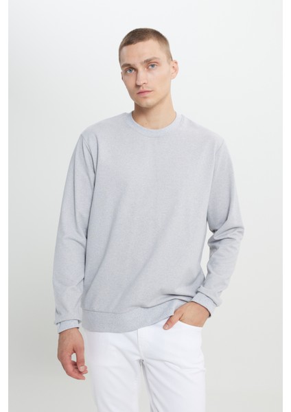 Erkek Gri Melanj Standart Fit Normal Kesim 2 İplik Recycle Pamuklu Bisiklet Yaka Sweatshirt