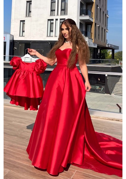 Anne Kız Mikado Abiye Kırmızı Kız Çocuk Kadın Elbise modelleri
