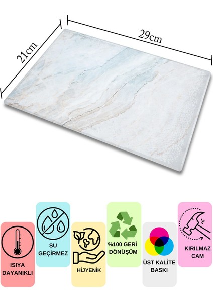 Cam Kesme Tahtası, Kalın ve Kırılmaz Cam - Mermer Temalı - 21*30CM - Doğrama Tahtası, Mutfak Dekoru modelleri