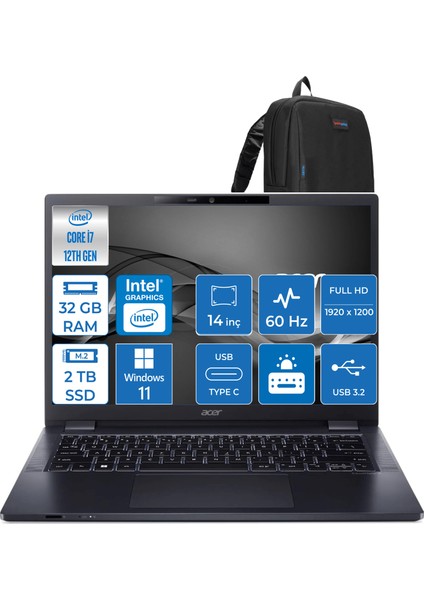 Travelmate P4 Intel Core I7-1260P 32GB 2tb SSD Intel UHD Graphics Fhd 14" Windows 11 Home Taşınabilir Bilgisayar MP414WH06 + Zettaçanta