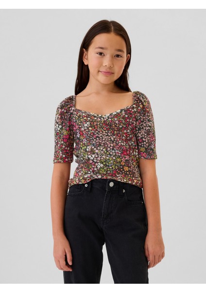 Kız Çocuk Çok Renkli Kalp Yaka Balon Kol T-Shirt