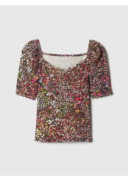 Kız Çocuk Çok Renkli Kalp Yaka Balon Kol T-Shirt fiyatları