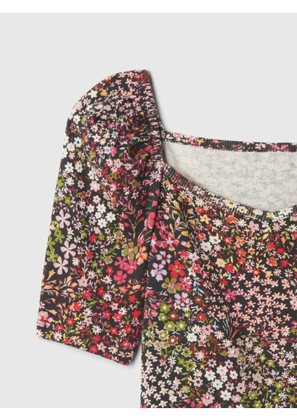 Kız Çocuk Çok Renkli Kalp Yaka Balon Kol T-Shirt modelleri