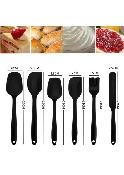 6'lı Silikon Spatula Fırça Seti Pratik Yemek Hazırlık Kaşık Bıçak Spatula Servis Seti Sıyah