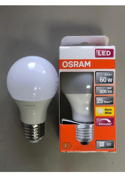3 Adet Osram E27 Dimli LED Lamba 8,8W=60W 806 Lümen 2700 Kelvin Sarı 25000 Saat