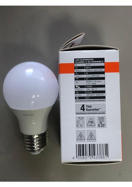 3 Adet Osram E27 Dimli LED Lamba 8,8W=60W 806 Lümen 2700 Kelvin Sarı 25000 Saat