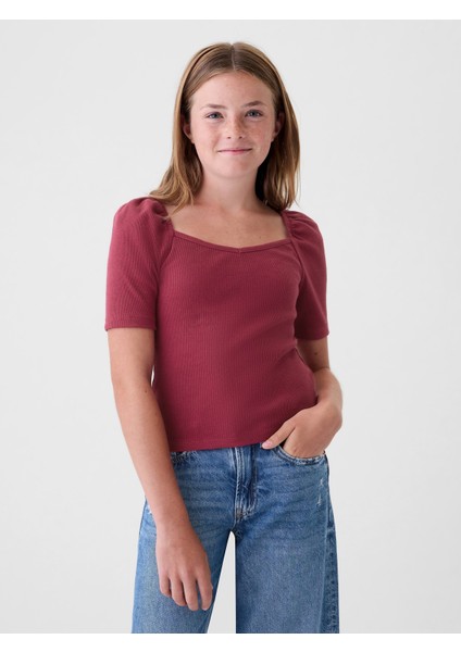 Kız Çocuk Kırmızı Kalp Yaka Balon Kol T-Shirt