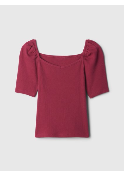 Kız Çocuk Kırmızı Kalp Yaka Balon Kol T-Shirt fiyatları