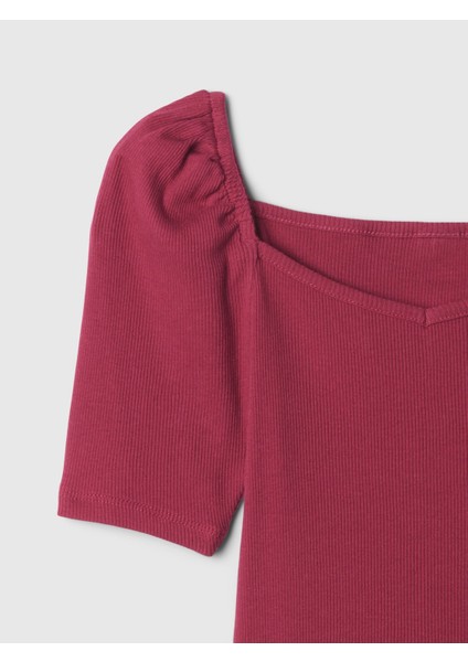 Kız Çocuk Kırmızı Kalp Yaka Balon Kol T-Shirt modelleri