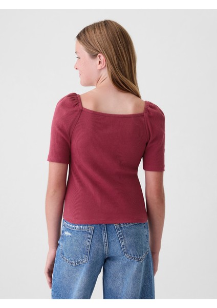 Kız Çocuk Kırmızı Kalp Yaka Balon Kol T-Shirt fırsatları