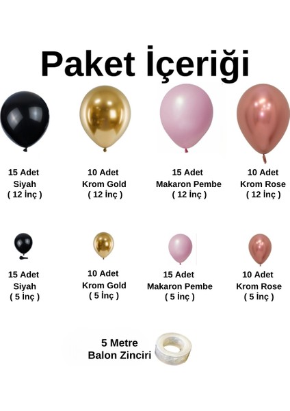 Balon Seti Siyah-Krom Gold-Makaron Pembe-Krom Rose Gold 100 Lü Balon Zinciri Seti fiyatları