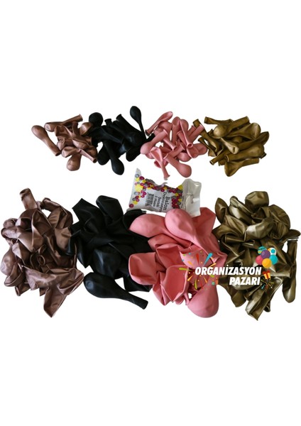 Balon Seti Siyah-Krom Gold-Makaron Pembe-Krom Rose Gold 100 Lü Balon Zinciri Seti modelleri