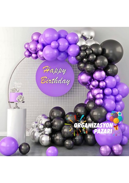 Balon Seti Siyah-Krom Mor-Lila-Krom Gümüş 100 Lü Balon Zinciri Seti