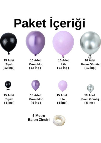 Balon Seti Siyah-Krom Mor-Lila-Krom Gümüş 100 Lü Balon Zinciri Seti fiyatları
