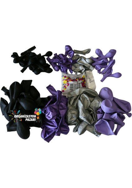Balon Seti Siyah-Krom Mor-Lila-Krom Gümüş 100 Lü Balon Zinciri Seti modelleri