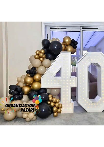 Balon Seti Siyah-Bej-Krom Gold 100 Lü Balon Zinciri Seti