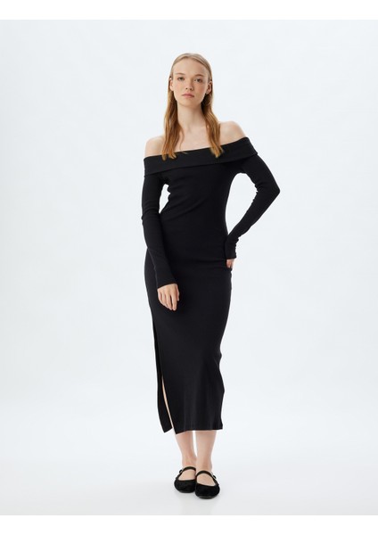 Midi Elbise Fitilli Kayık Yaka Yırtmaç Detaylı Slim Fit Uzun Kollu fiyatları