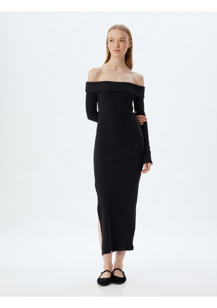 Midi Elbise Fitilli Kayık Yaka Yırtmaç Detaylı Slim Fit Uzun Kollu modelleri