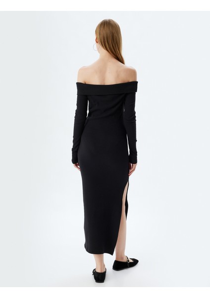 Midi Elbise Fitilli Kayık Yaka Yırtmaç Detaylı Slim Fit Uzun Kollu fırsatları