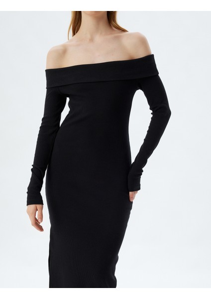 Midi Elbise Fitilli Kayık Yaka Yırtmaç Detaylı Slim Fit Uzun Kollu indirimleri