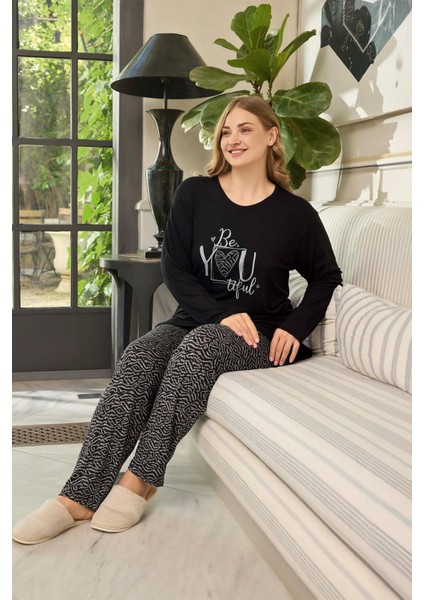 Kadın Inci Büyük Beden Be You Tiful Siyah Pijama Takım 0661