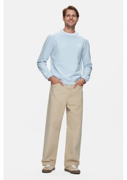 Valley Mat Mavi Bisiklet Yaka Baskılı Standard Fit Erkek Sweatshirt modelleri