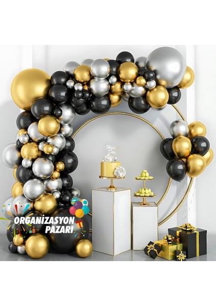 Balon Seti Siyah-Krom Gold-Krom Gümüş 60 Lı Balon Zinciri Seti