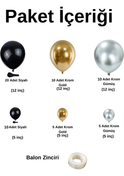 Balon Seti Siyah-Krom Gold-Krom Gümüş 60 Lı Balon Zinciri Seti fiyatları