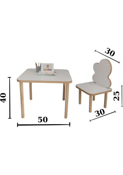 Ahşap Okulu Oyun Aktivite Masası - Etkinlik Masası - Çocuk Ders Çalışma Masası-Çocuk Kare Masa 50 x 50 ve Bulut Sandalye