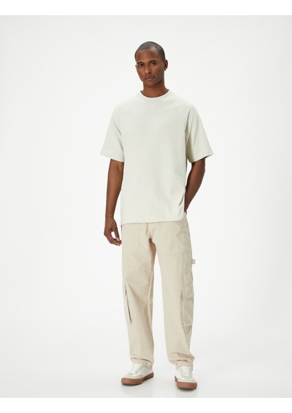 Oversize Tişört Basic Dokulu Bisiklet Yaka Kısa Kollu