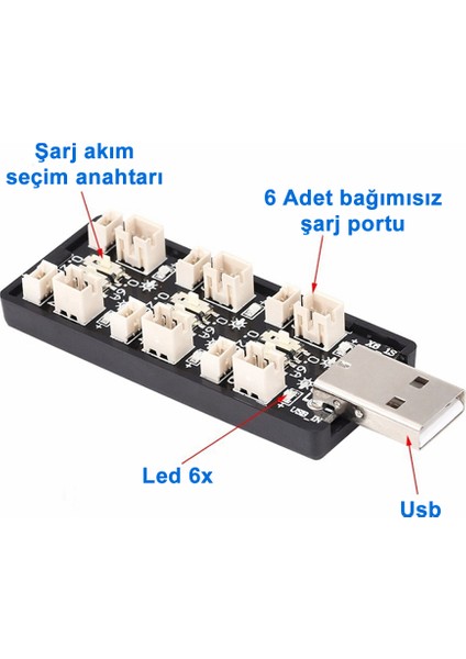 6 Kanal USB 3.7V Lityum Pil Şarj Kartı 0.6A / 0.2A 2mm ve 1.25MM Jst-Ph Soket Rc Oyuncak modelleri
