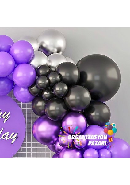 Balon Seti Siyah-Krom Mor-Lila-Krom Gümüş 60 Lı Balon Zinciri Seti