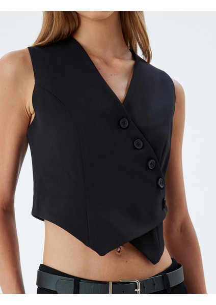 Asimetrik Kruvaze Crop Yelek V Yaka Düğmeli indirimleri