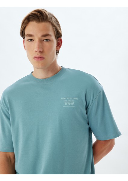 Oversize Tişört Slogan Baskılı Bisiklet Yaka Kısa Kollu Pamuklu