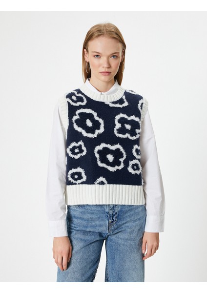 Triko Süveter Çiçekli Bisiklet Yaka Kolsuz modelleri