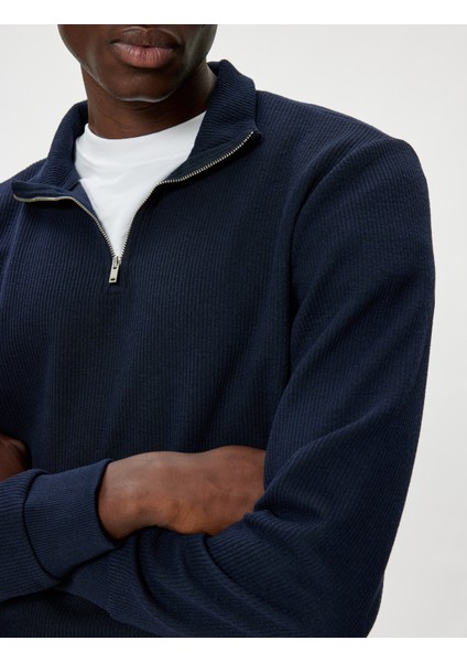 Yarım Fermuarlı Sweatshirt Uzun Kollu Dokulu Pamuk Karışımlı indirimleri