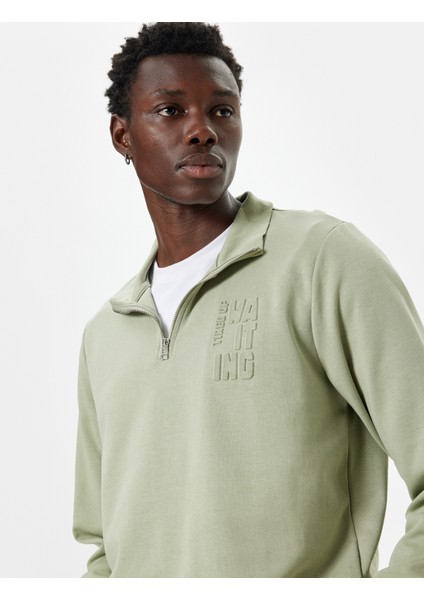 Slogan Baskılı Sweatshirt Fermuarlı Yaka Pamuklu Interlok Kumaş