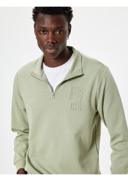 Slogan Baskılı Sweatshirt Fermuarlı Yaka Pamuklu Interlok Kumaş fiyatları