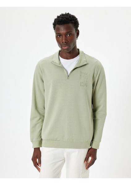 Slogan Baskılı Sweatshirt Fermuarlı Yaka Pamuklu Interlok Kumaş modelleri