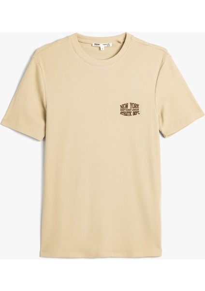 Slim Fit Tişört Slogan Işlemeli Kısa Kollu Bisiklet Yaka Pamuklu