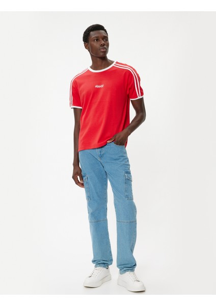 Slim Fit Tişört Slogan Baskılı Kısa Kollu Bisiklet Yaka Biyeli