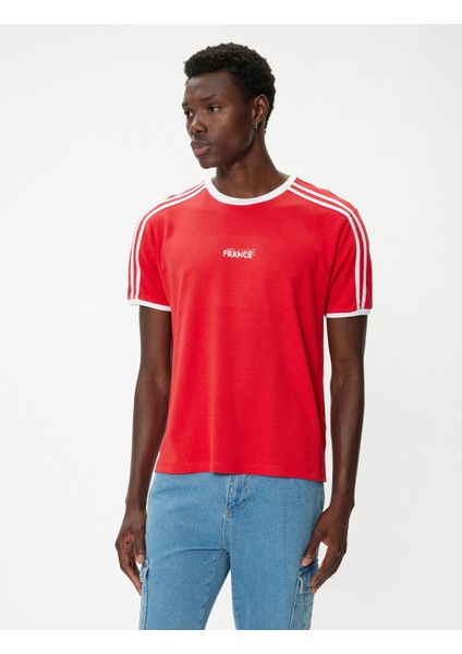 Slim Fit Tişört Slogan Baskılı Kısa Kollu Bisiklet Yaka Biyeli modelleri