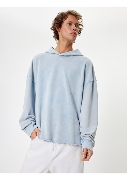 Oversize Sweatshirt Yıkamalı Uzun Kollu Kapşonlu Pamuk Karışımlı