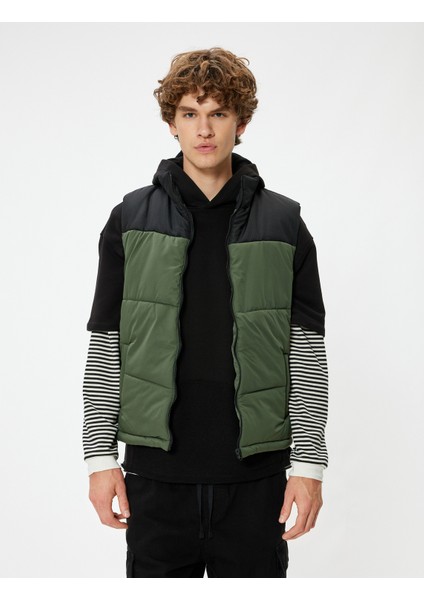 Şişme Yelek Dik Yaka Slim Fit Fermuarlı Renk Bloklu Cep Detaylı modelleri