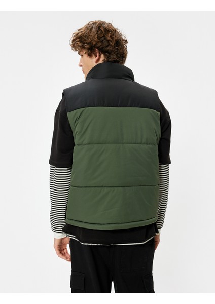 Şişme Yelek Dik Yaka Slim Fit Fermuarlı Renk Bloklu Cep Detaylı fırsatları